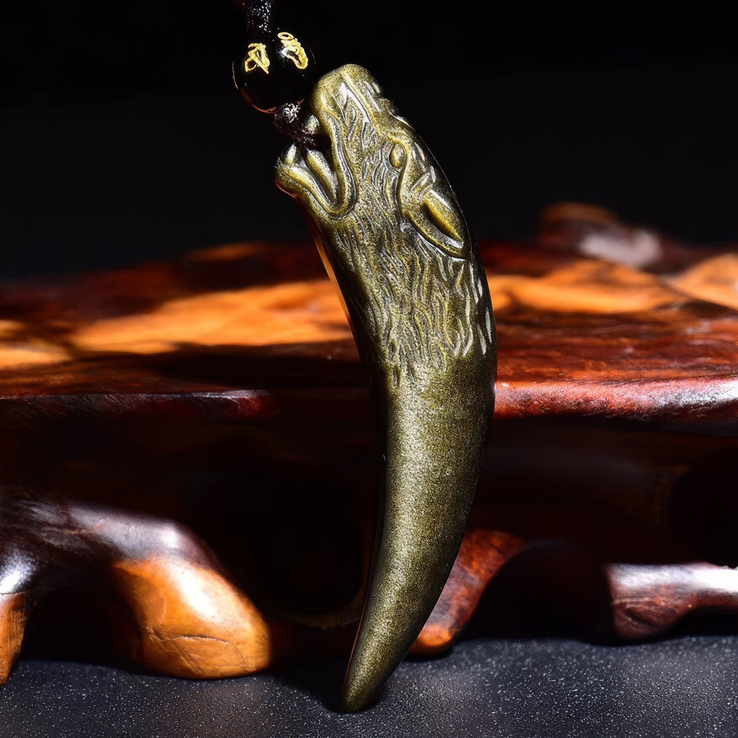 Gold Obsidian Wolf Tooth Pendant