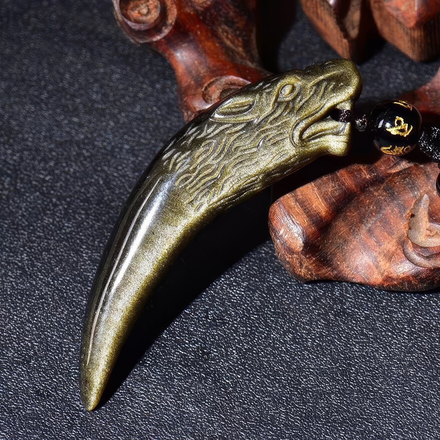 Gold Obsidian Wolf Tooth Pendant