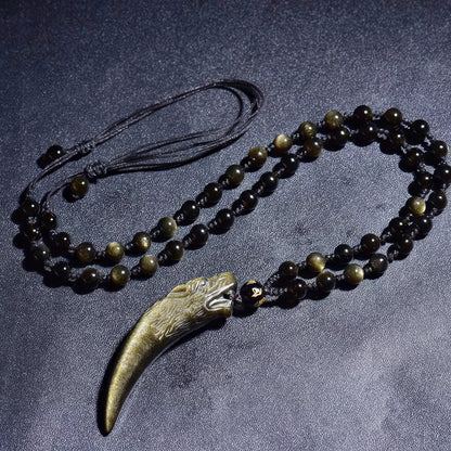 Gold Obsidian Wolf Tooth Pendant