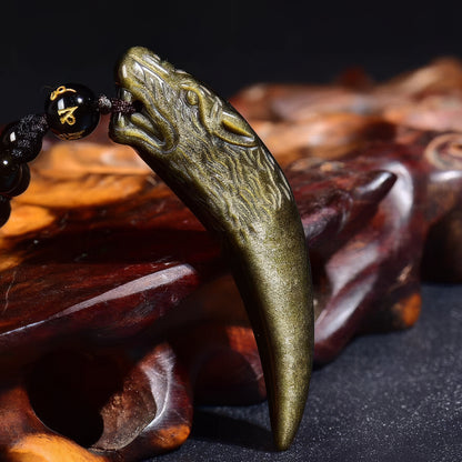 Gold Obsidian Wolf Tooth Pendant