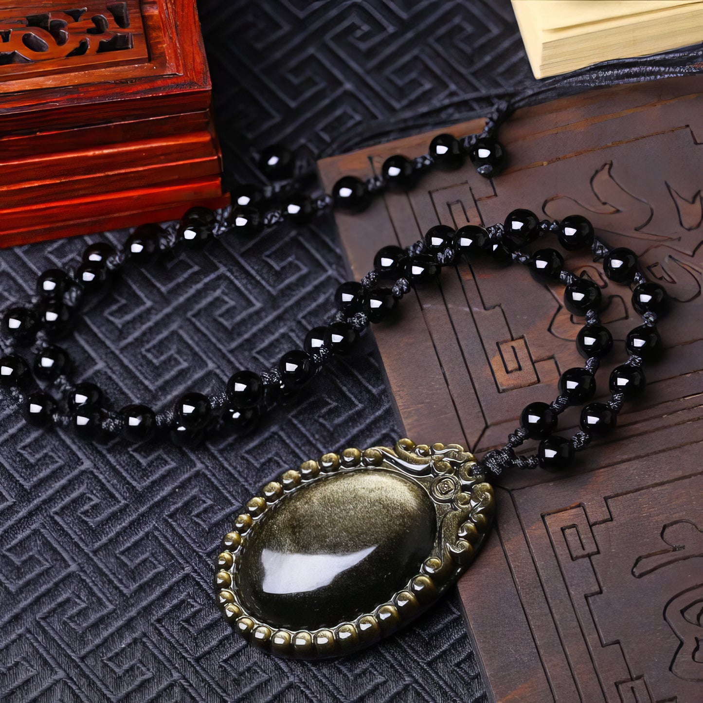 Gold Obsidian Double Dragon Guardian Pendant