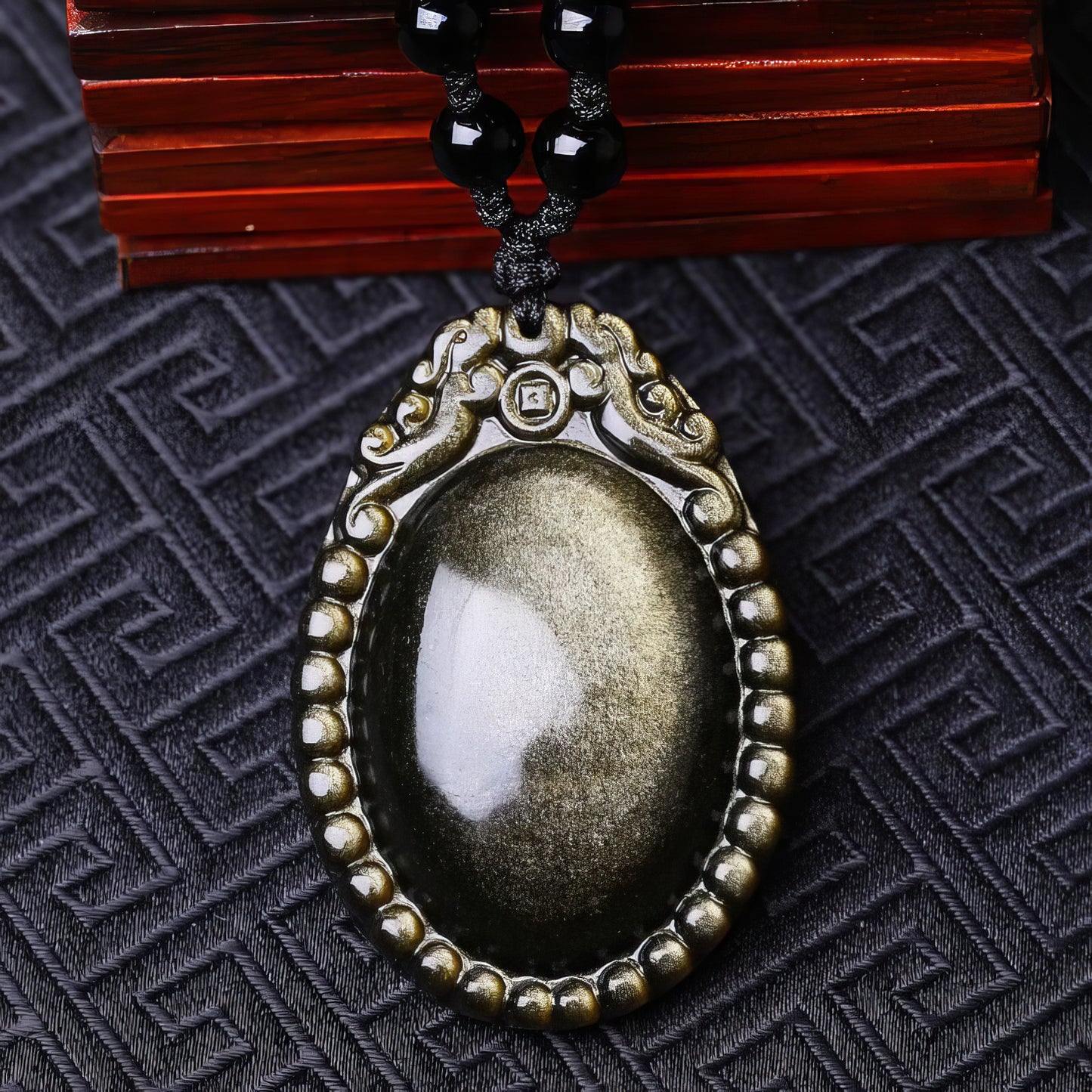 Gold Obsidian Double Dragon Guardian Pendant