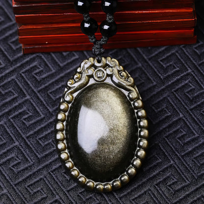 Gold Obsidian Double Dragon Guardian Pendant