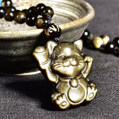 Gold Obsidian Lucky Cat Pendant