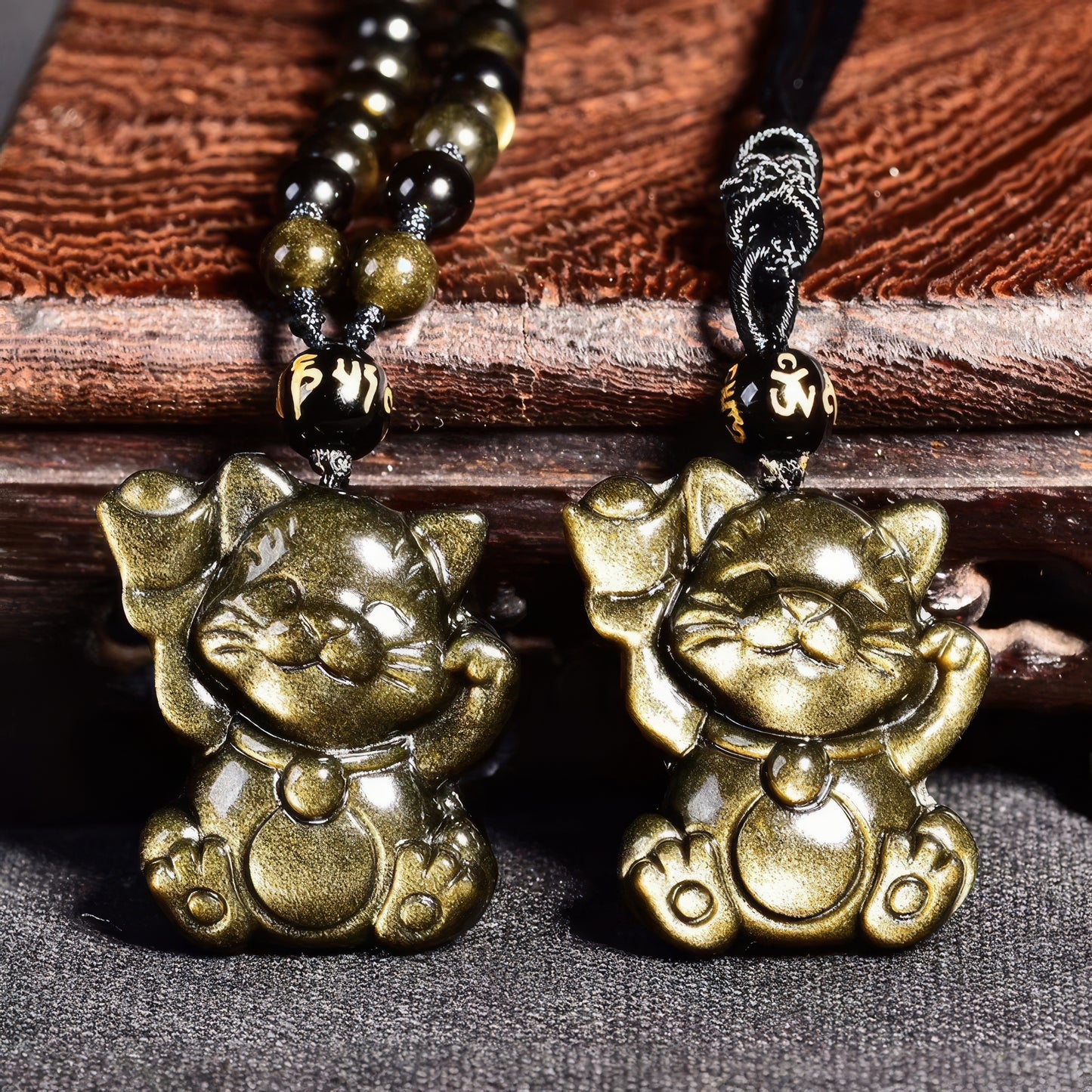 Gold Obsidian Lucky Cat Pendant