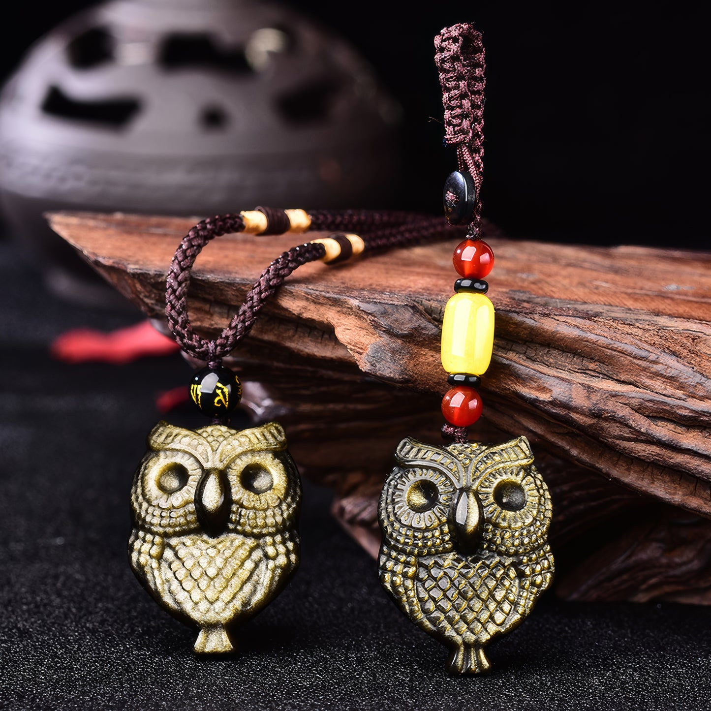 Gold Obsidian Owl Pendant