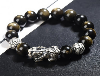 S925 Silver Pixiu Gold Obsidian Vintage Bracelet