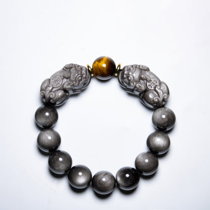 Natural Silver Obsidian Double Pixiu Bracelet