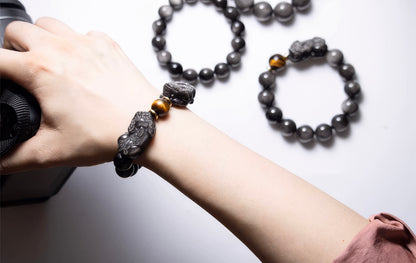 Natural Silver Obsidian Double Pixiu Bracelet