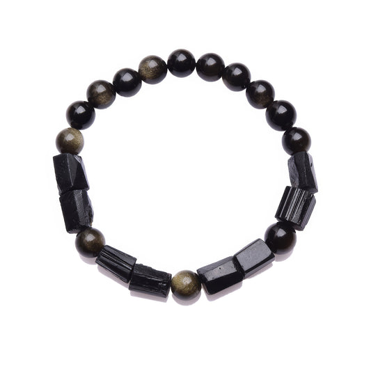 7A Natural Gold Obsidian Black Tourmaline Barrel Bead Bracelet