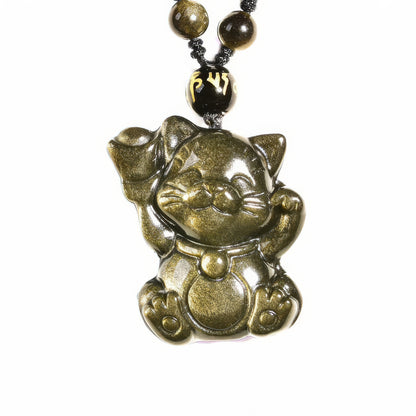 Gold Obsidian Lucky Cat Pendant