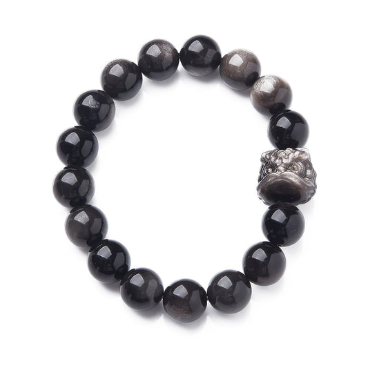 Silver Obsidian Good Luck Lion Bracelet