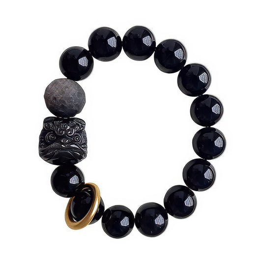 Natural Obsidian Chinese Lion Bracelet