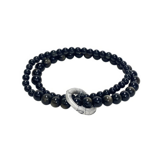 Double-layer 925 Silver Natural Obsidian Bracelet