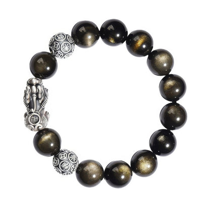 S925 Silver Pixiu Gold Obsidian Vintage Bracelet