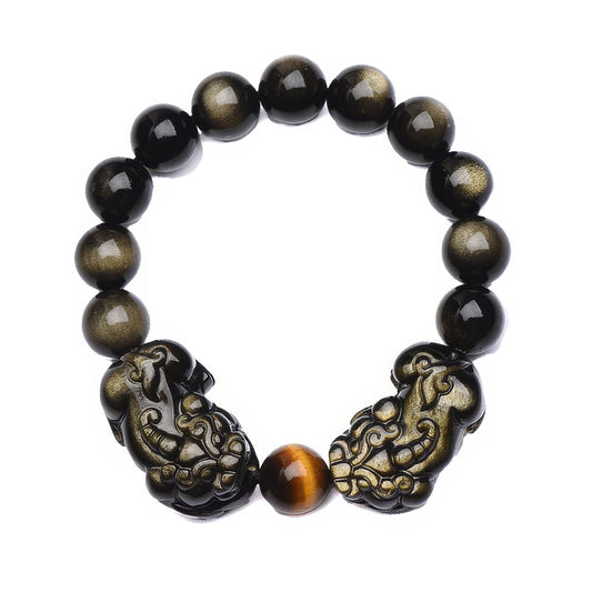 7A Natural Gold Obsidian Double Pixiu Lucky Bracelet