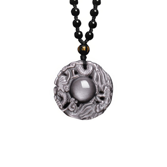 Silver Obsidian Double Dragon Guardian Pendant