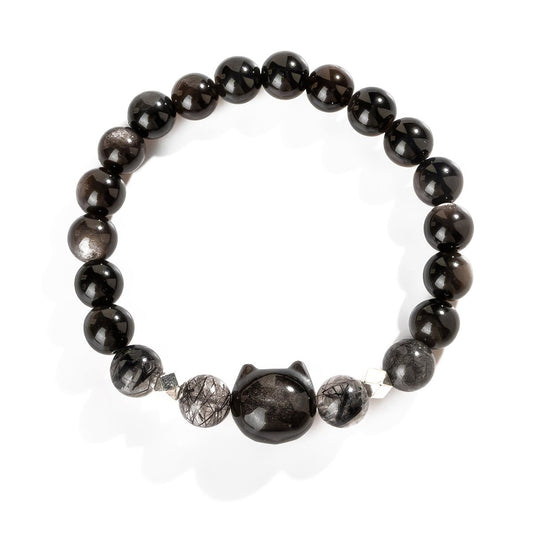 Natural Silver Obsidian Cat Couple Bracelet