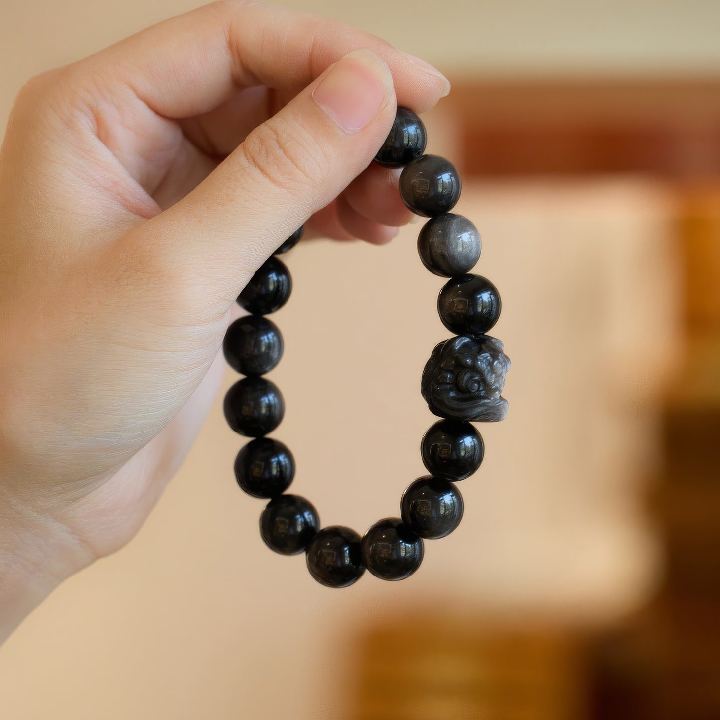 Silver Obsidian Good Luck Lion Bracelet