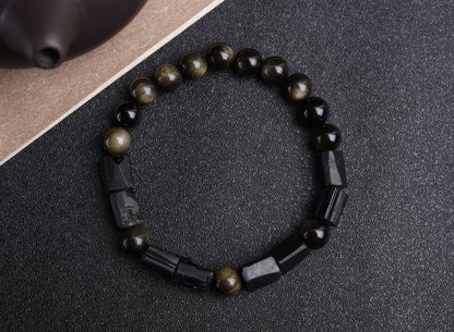 Gold Obsidian Black Tourmaline Barrel Bead Bracelet