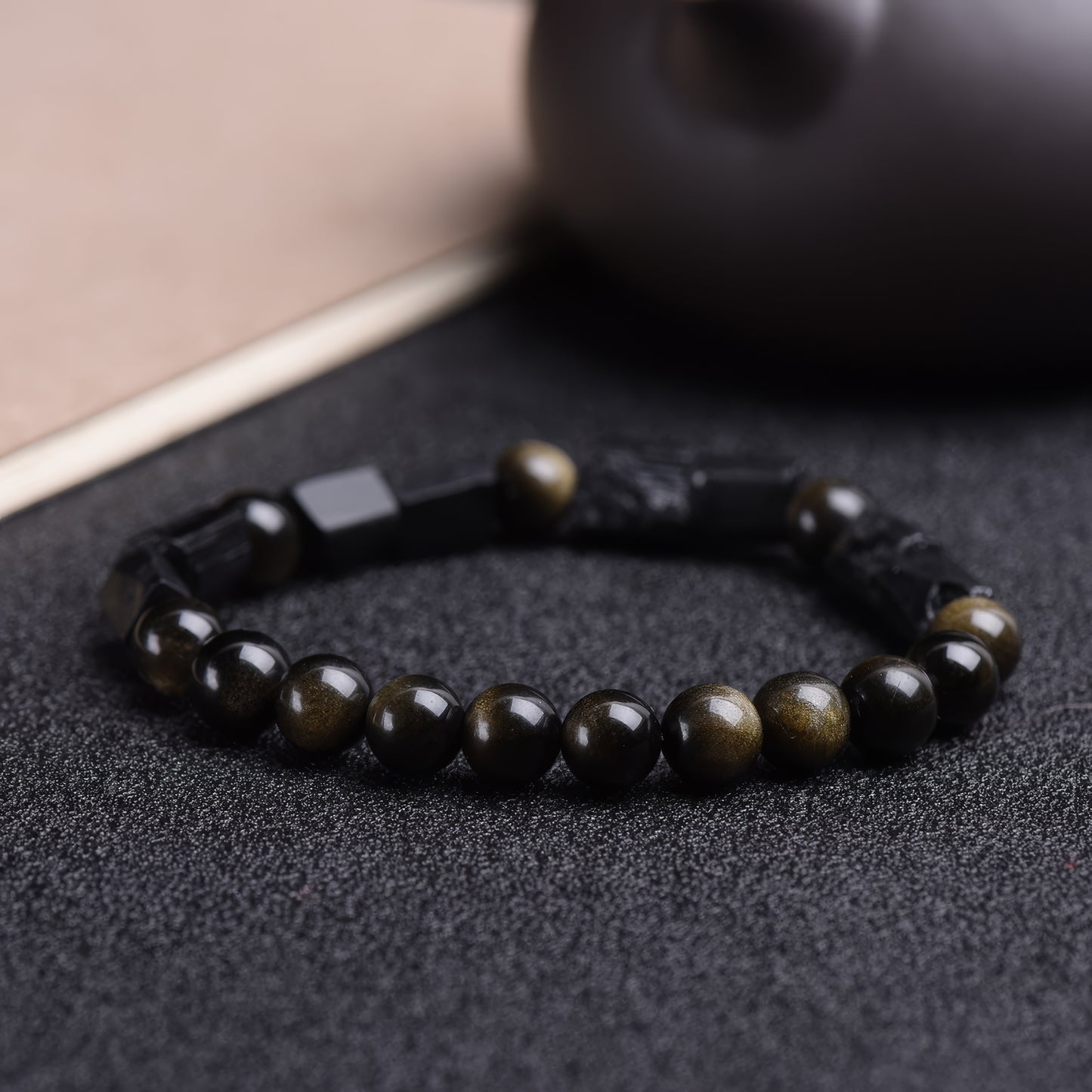 Gold Obsidian Black Tourmaline Barrel Bead Bracelet