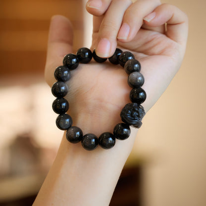 Silver Obsidian Good Luck Lion Bracelet