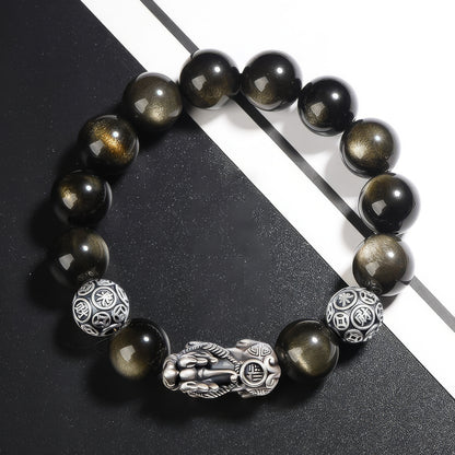 S925 Silver Pixiu Gold Obsidian Vintage Bracelet