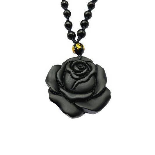 Natural Obsidian Rose Pendant Necklace