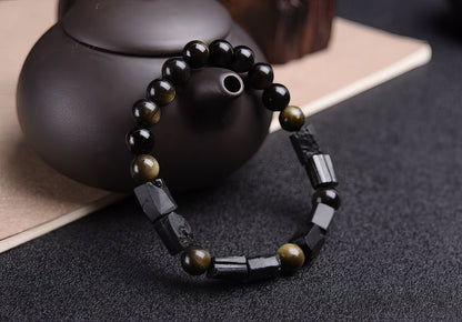 Gold Obsidian Black Tourmaline Barrel Bead Bracelet