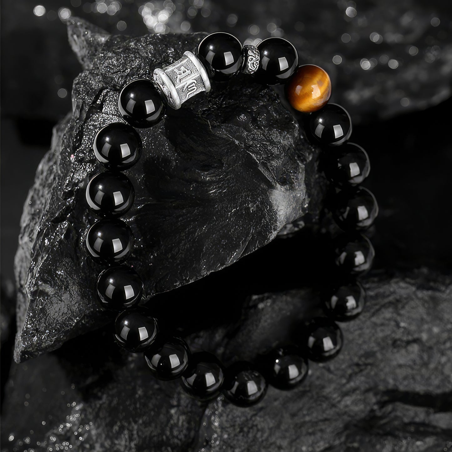 S999 Silver Obsidian Tiger Eye Stone Bracelet